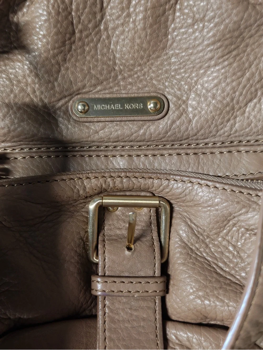 Michael Kors Taupe Leather Shoulder Bag with Buckle Accents